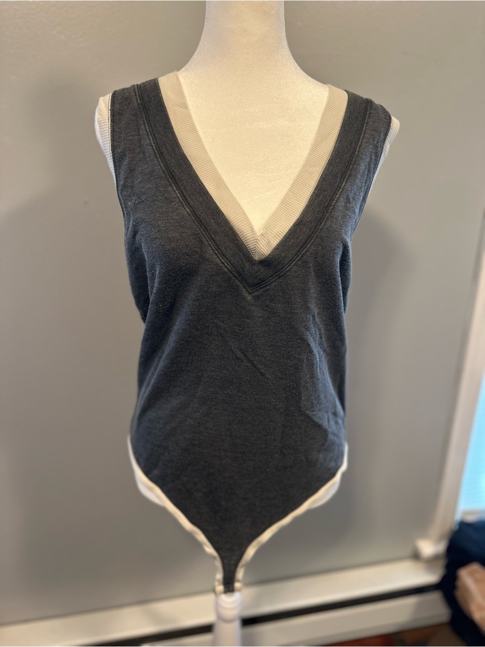 Free People Charcoal Bodysuit with Ivory Trim